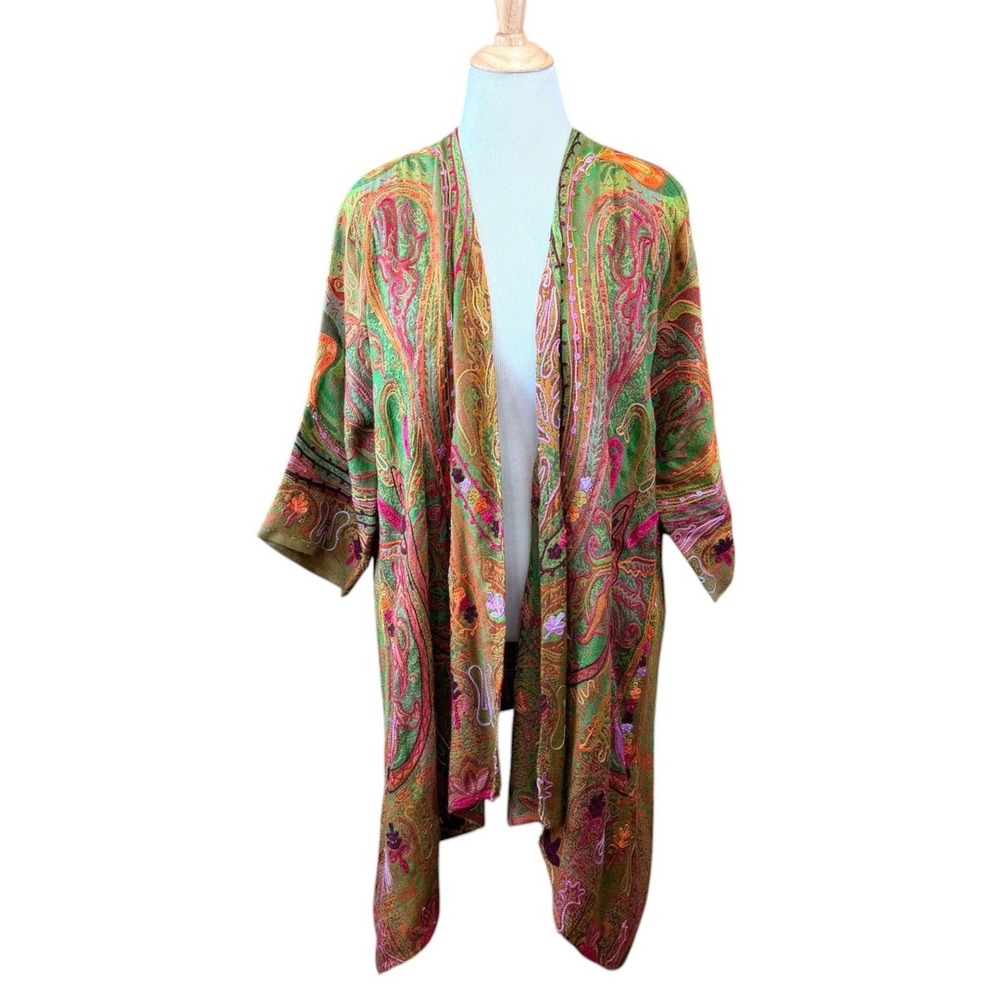 Soft Surroundings Oasis Green Pink Paisley Embroidered Wrap Cardigan L/XL NWT